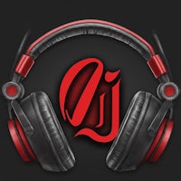 a red and black logo with headphones on it